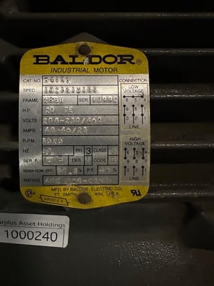 20 HP 1625 RPM Baldor, Fr. 286U, 208-230/460 Volts, Squirrel Cage, Refurb - Image 1