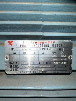 50 HP 1150 RPM Yaskawa, Frame JP44, 320 Volts, Squirrel Cage, electrically OK - Image 1