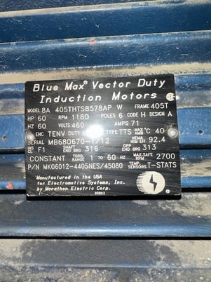 60 HP 1180 RPM Blue Max, Frame 405T, 460 Volts, Squirrel Cage, electrically OK - Image 1