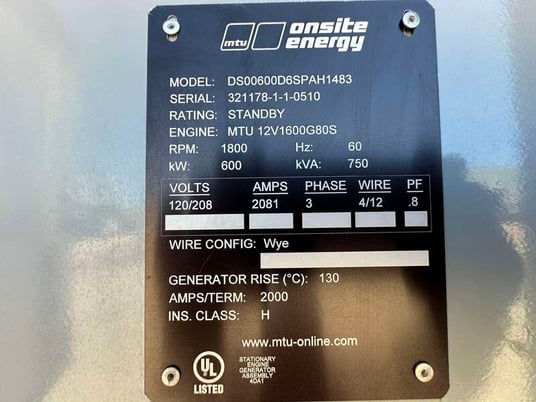 600 KW MTU #DS600, diesel generator set, 120/208 Volts, 295 hours, 896 HP @ 1800 RPM, 12V1600G80S engine, EPA - Image 9