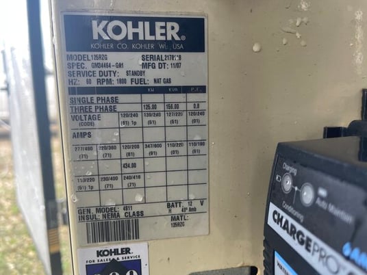 125 KW Kohler #125RZG, standby Natural gas generator, sound attenuated enclosure, 2007, $27.5k - Image 3