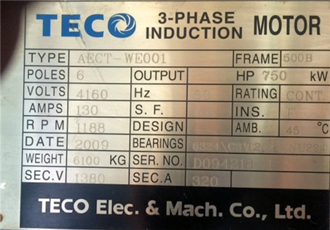 1020 HP 1188 RPM Teco, Frame 500B, induction motor, 4160 Volts, 2009 - Image 2