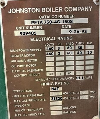 750 HP Johnston Boiler #PFTA-750-4G-150S, Boiler, 150 psi, 1993 - Image 3