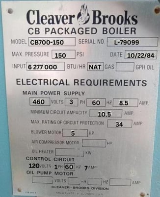 150 HP Cleaver-Brooks #CB700-150, Steam Boiler, Natural Gas, 150 psi, 5277000 BTU/hr., 460 V, 1984 - Image 3