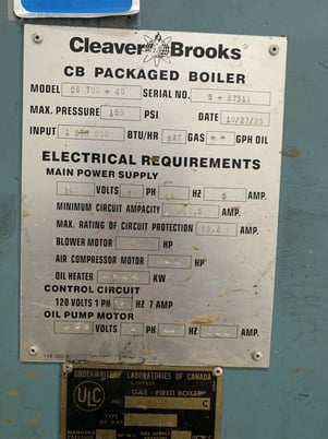 Cleaver Brooks #CB-700-40, Steam Boiler, Natural Gas, 150 psi, 1674000 BTU/hr., 1995 - Image 3