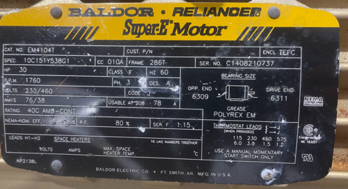 30 HP 1760 RPM Baldor EM4104T, Frame 286T, 230/460 Volts, 76/38 Amps - Image 3