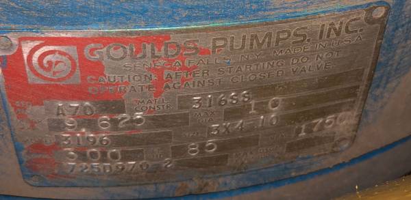 300 GPM @ 85' TDH, Goulds Pumps Inc #3196-MTX, Centrifugal Pump, 3x4-10 size, 4" suction, 3" discharge, 15 HP - Image 3