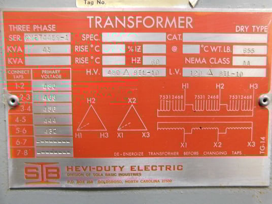 45 KVA 480 Primary, 120 Secondary, Hevi-Duty electric transformer - Image 6