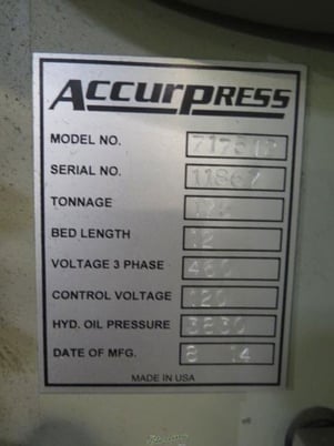 175 Ton, Accurpress, Advantage #717512, hydraulic CNC press brake, 12' overall, 124" between housing, 24" BG - Image 9