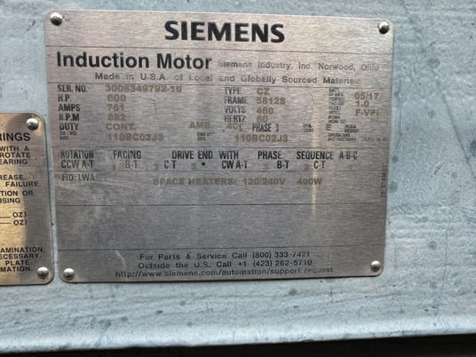 600 HP 892 RPM Siemens, Frame 5812S, TEFCBB, 6-Leads Y-D, 460 Volts AC. - Image 5