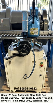 12" Soco #MC275AC, semi-automatic mitre cold saw, cut capacity up to 4" round, drive 1.4 - 1 HP, 2-blade - Image 1