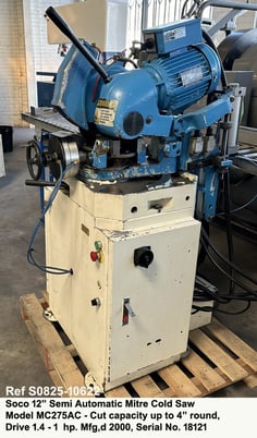 12" Soco #MC275AC, semi-automatic mitre cold saw, cut capacity up to 4" round, drive 1.4 - 1 HP, 2-blade - Image 2