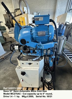 12" Soco #MC275AC, semi-automatic mitre cold saw, cut capacity up to 4" round, drive 1.4 - 1 HP, 2-blade - Image 3