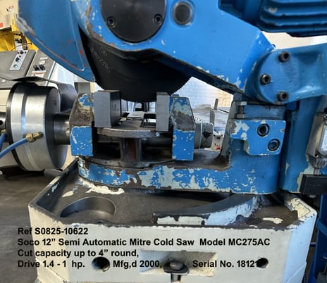 12" Soco #MC275AC, semi-automatic mitre cold saw, cut capacity up to 4" round, drive 1.4 - 1 HP, 2-blade - Image 7