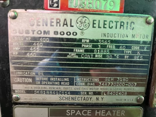 400 HP 3600 RPM General Electric, Frame 8188S, DPSB, 460 Volts - Image 3