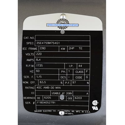 2 HP 1735 RPM Baldor motor, Frame D90, 220 Volts, 1 phase, USA made - Image 3