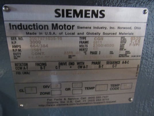 3000 HP 3600 RPM Siemens, Frame 6811, weather protected enclosure type 2, SB, new, 2300/4000 Volts (3 - Image 3