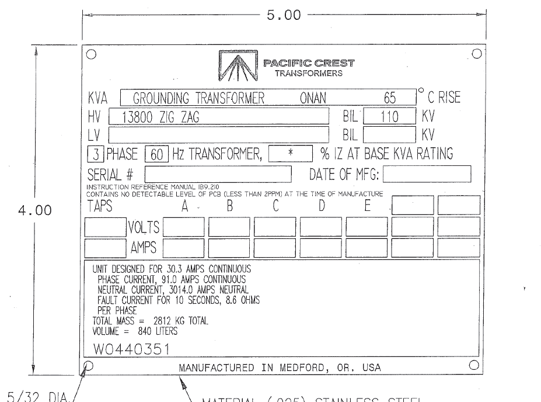 ZigZag Grounding Transformer 13800ZZ, Neutral Current 3014A for 10 Secondary , 9.19 ohms / Phase - Image 1