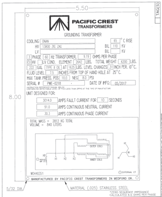 ZigZag Grounding Transformer 13800ZZ, Neutral Current 3014A for 10 Secondary , 9.19 ohms / Phase - Image 2
