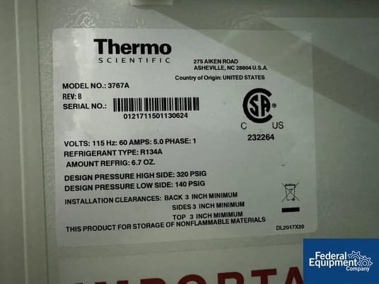 Thermo Scientific Refrigerator, Model 3767A, 115V single phase, r134a refrigerant, S/N 0121711501130624 - Image 2