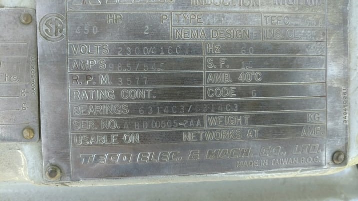 400 HP 3600 RPM Teco West, Frame 5808A, TEFC, BB, 1.15, used, 2300/4160 Volts - Image 1