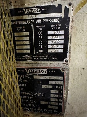 150 Ton, Verson #150-OBI, 8" stroke, 22" Shut Height, 6" adj., 30" x50" bed, 35 SPM, air clutch & brake, 1970 - Image 2