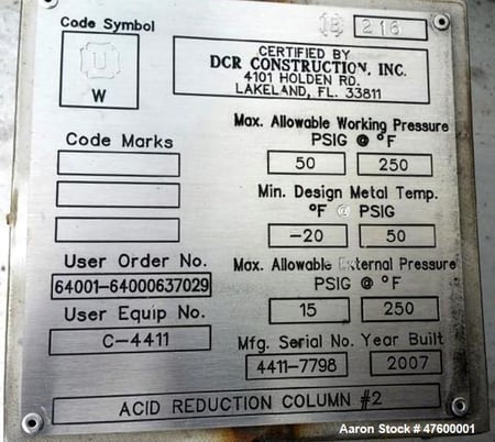 36" x 24.7' CR Construction Inc., Acid Reduction Column, Stainless Steel, 50 psi @ -20 to 250 F, 24" Man Way - Image 10
