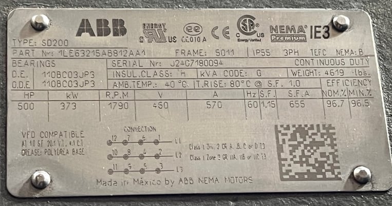 500 HP 1800 RPM ABB (Siemens), Frame 5009/10/11, SD200, B/B, 1.15 service factor, Nema, 460 Volts - Image 3