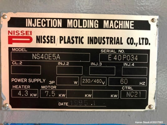 44 Ton, 2.1 oz., Nissei #NS40E5A, Plastic Injection Molding Machine, 12.2" x 12.2" tie bar spacing, 30 mm - Image 3