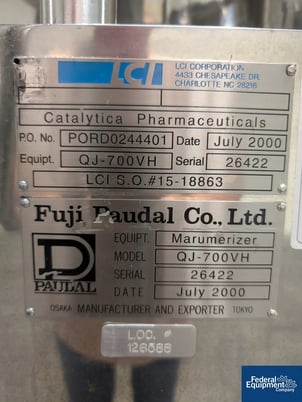 Fuji Marumerizer Spheronizer #QJ700VH, stainless steel, jacketed chamber, side discharge with plug valve, 2000 - Image 2
