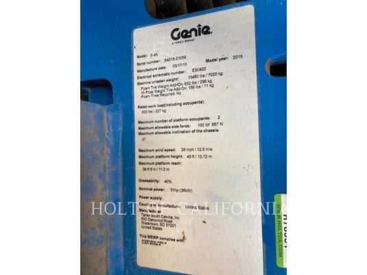 Genie Industries BOOM S45, Articulated Boom Lift, 4201 hours, S/N: S4515-21059, 2015 - Image 6