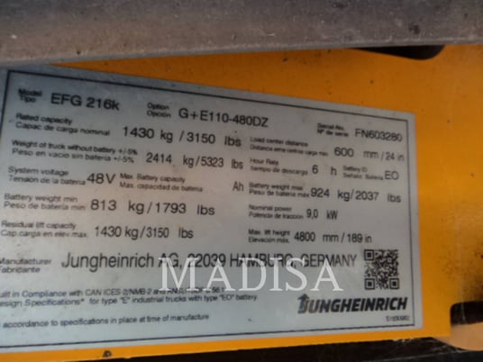 Jungheinrich EFG216K, Forklift, 2577 hours, S/N: FN603280, 2019 - Image 2