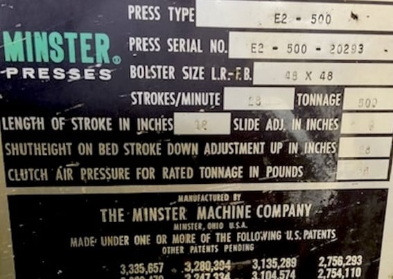 500 Ton, Minster #E2-500-48-48, 12" stroke, 28" Shut Height, 48" x 48" bed, 28 SPM,air clutch & brake, 1972 - Image 9