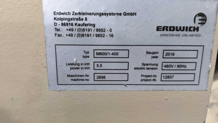 Erdwich #M600/1-400, single shaft shredder, 40 HP, 18 teeth - Image 3