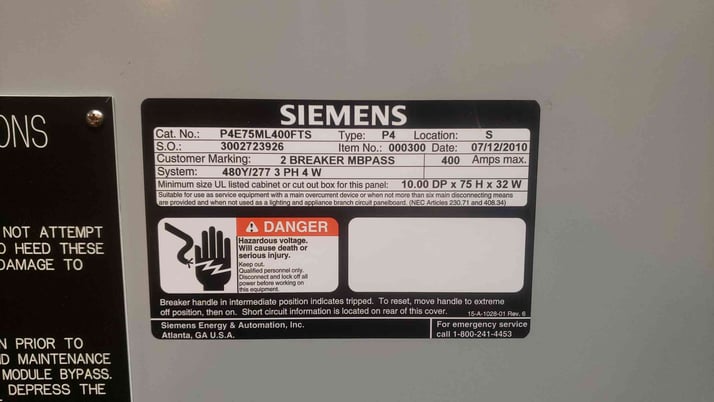 400 Amp. Square D, P4E75ML400FTS, (5) breakers, 4 Wire, 3 phase, 480Y/277 V, 2010 - Image 5