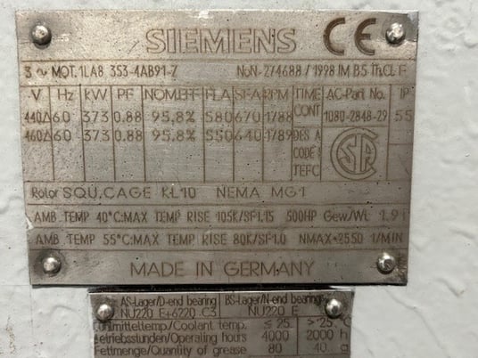 500 HP 1788 RPM Siemens, TEFC, tefc, 440/460 Volts, AC Part # 1080-2848-29 - Image 1