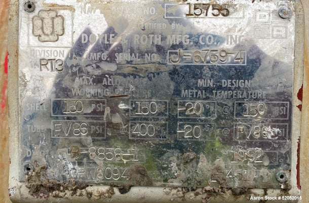 1824 sq.ft., Doyle & Roth, Heat Exchanger, .75" diameter x 10' long Tubes rated 86 psi/ FV at 400 F, 1992 - Image 7