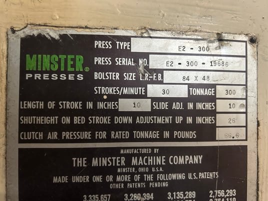 300 Ton, Minster #E2-300-84-48, straight side double crank press, 84x48 front back bed area (T-slot), 10" - Image 5