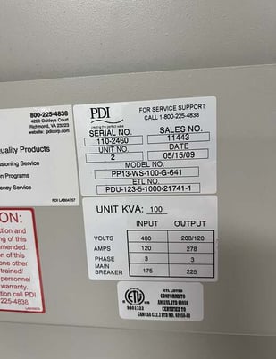 100 KVA PDI Wavestar #PP13-WS-100-G-641, PDU w/Branch Circuit Monitoring, 3 phase, 278 Amps, 480 x 208/120 V - Image 3