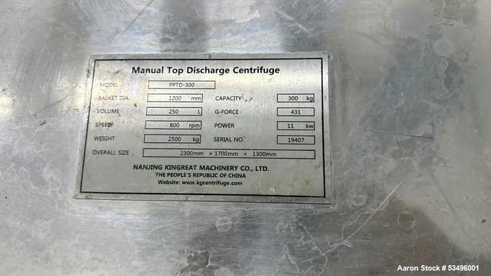 47.2" Nanjing Kingreat #PPTD-300, Basket Centrifuge, top discharge, 300 kg capacity, 47.2" diameter Basket - Image 5