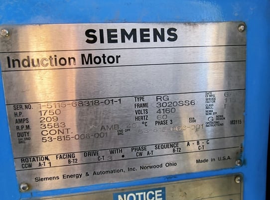 1750 HP 3600 RPM Siemens, Frame 3020SS6, weather protected enclosure type 1, type RG, sleeve, 4160 Volts - Image 1