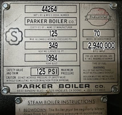 75 HP Parker Boiler, 125 psi steam boiler, 2,478 steam lbs/hr, 2,940,000 BTU/hr, 1994 - Image 3