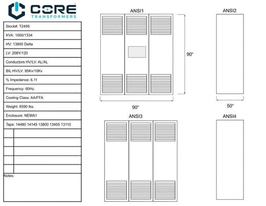 1000 KVA 13800 Delta Primary, 208Y/120 Secondary, DRY, Recon(2 available, shipment available in 10 days) - Image 1
