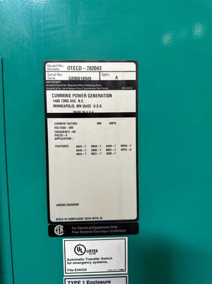 800 Amp. Cummins OTECD-782043, automatic transfer switch, 3 pole, 208 Volts, Nema 1, 2009 - Image 4