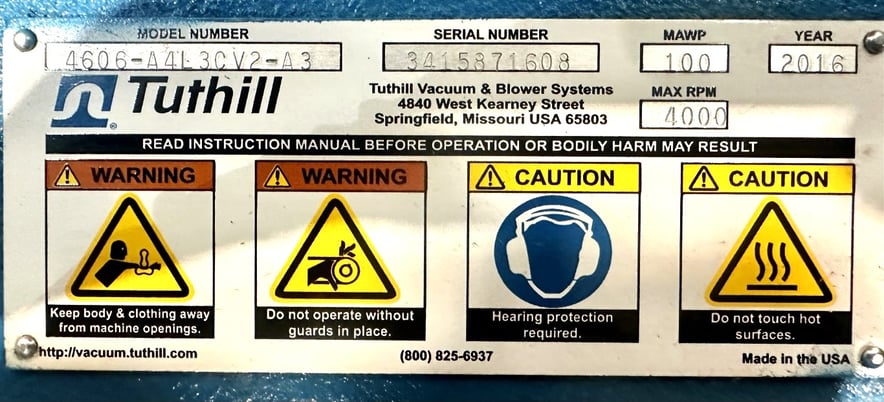 100 psi, Tuthill #4606-A4L3CV2-A3, rotary positive displacement blower, 4" dia. inlet/outlet, 4000 RPM, 2016 - Image 5