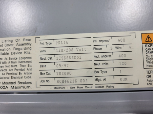 400 Amp. Cutler-Hammer, PRL1a, Pow-R-Line Panelboard, 120/208V., 3Ph, 4W 42 Circuit CTL - Image 6