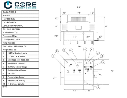 500 KVA 4800 Delta Primary, 240/120 Secondary, Core Transformer PAD, proCORE(immediate shipment available) - Image 3