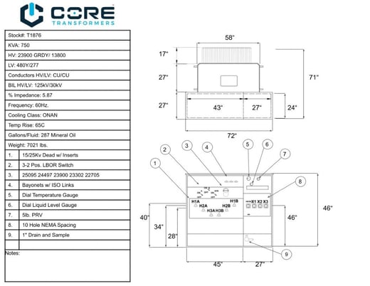 750 KVA 23000GrdY/13800 Primary, 480Y/277 Secondary, Pad, Recon - Image 1