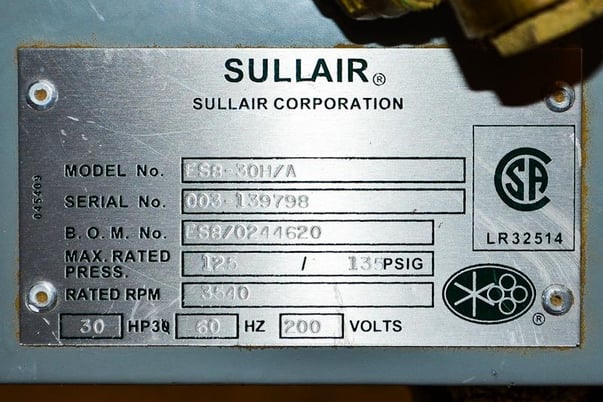 111 acfm, 125/135 psig, Sullair #ES8-30H/A, single stage fluid rotary screw air compressor, 30 HP, 2005 - Image 5