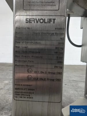 440 lb. ServoLift Drum Discharge System type #MZ, Stainless Steel Drum Lift, 200 kg max load, 150 bar max - Image 2
